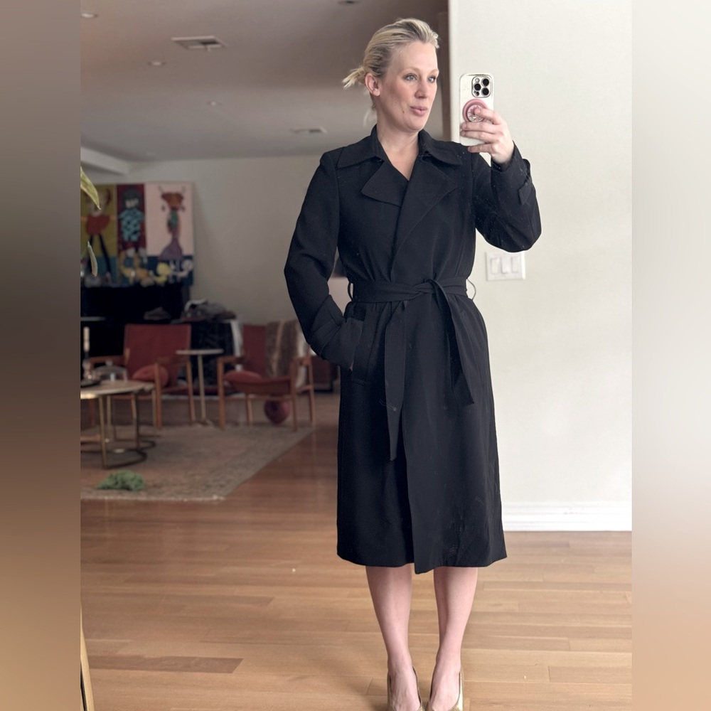 Theory Women Black Lined Long Tie Belted Jacket Dress Size Medium